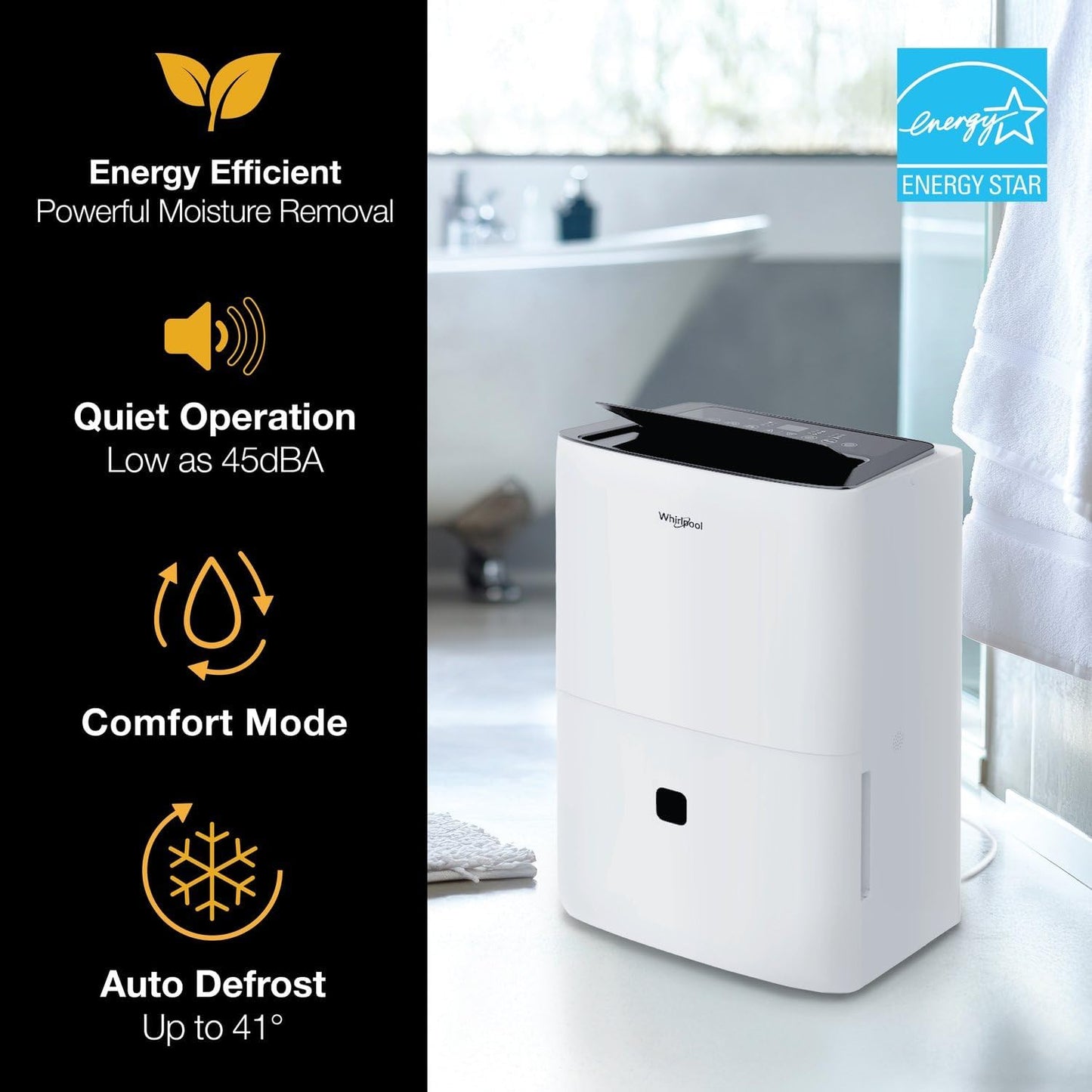Whirlpool 50 Pint Energy Star Certified Dehumidifier in White, Compact Quiet Efficient Humidity & Moisture Absorber for Home, Bathroom, Bedroom, Living Room, Garage, Attic, Crawl Space, Whole Home