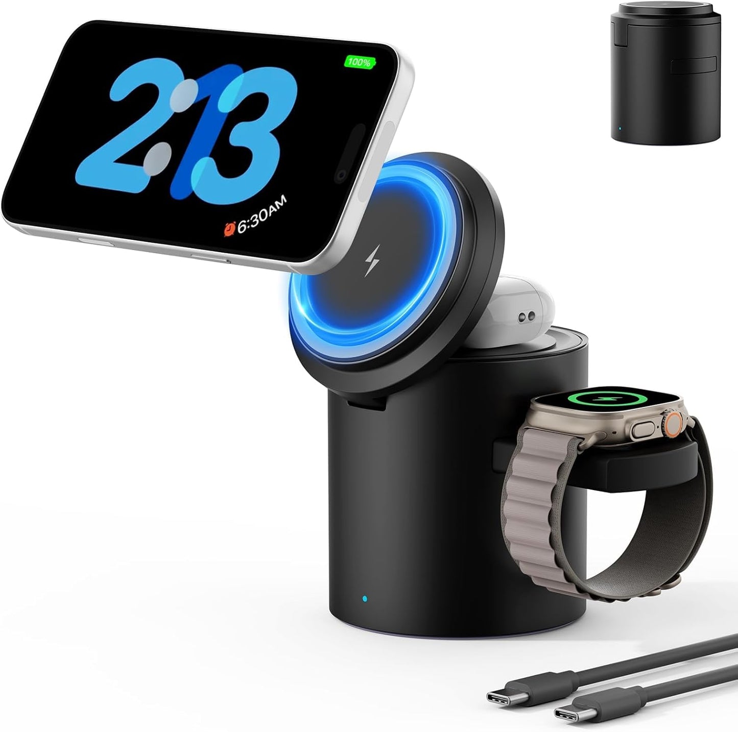 2026(15W) Foldable 3 in 1 Wireless Charging Station,for Apple Magsafe Charger Stand,Fast Magnetic Wireless Charger Station for iPhone 1716 15 14 13 12 Series,Airpods Pro,Apple Watch Ultra Series