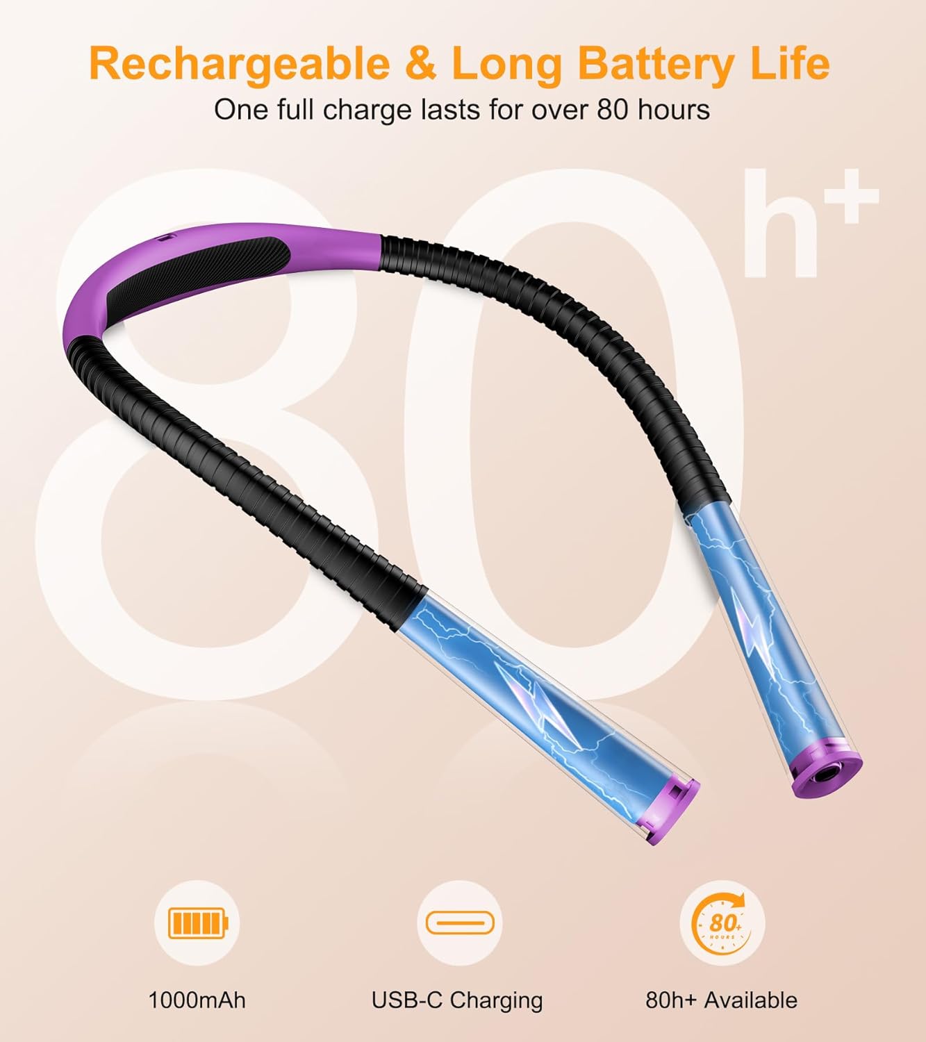 Gritin Book Light, Eye Caring 4-Color & 5-Brightness Neck Light Reading Light- Stepless Dimming,30-min Timer,80+ Hrs Runtime,Bendable Round Neck Design, Lightweight for Reading-Dark Purple