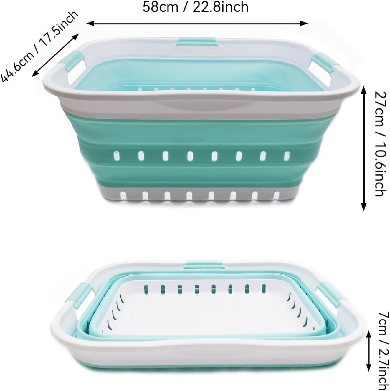 SAMMART 42L (11 gallon) Collapsible Plastic Laundry Basket - Foldable Pop Up Storage Container/Organizer - Portable Basket - Space Saving Hamper/Basket (2, White/Lake Green)