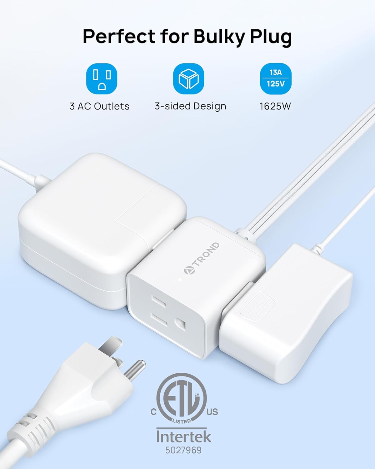 TROND Flat Extension Cord 6ft with 360° Rotating Plug, ETL Listed 3 Prong Power Strip, Low Profile Three Outlets, 13A, SPT 16/3 Gauge, Small for Tight Spaces Indoor Home Office Cruise Travel, White