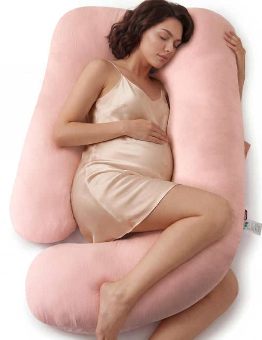 Momcozy Pregnancy Pillows for Sleeping, U Shaped Full Body Maternity Pillow with Removable Cover - Support for Back, Legs, Belly, HIPS for Pregnant Women, 57 Inch Pregnancy Pillow, Cotton Pink