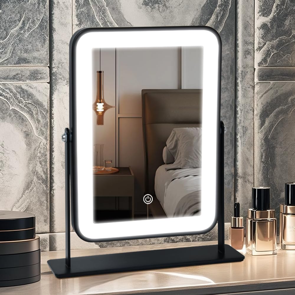 YEKKOPT Gold Rechargeable Makeup Mirror with Lights, LED Vanity Mirror, 3 Color Modes, Portable Desktop Mirror, Adjustable Brightness, Ideal for Dorm and Home Use