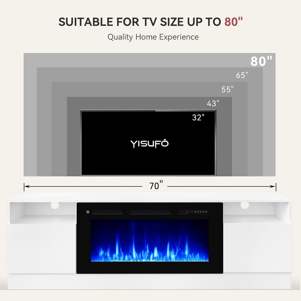 70" TV Stand with 36" Electric Fireplace, Large Modern Media Entertainment Center with Storage Cabinet and 12 Colors LED Lights for TVs Up to 80",White and Black