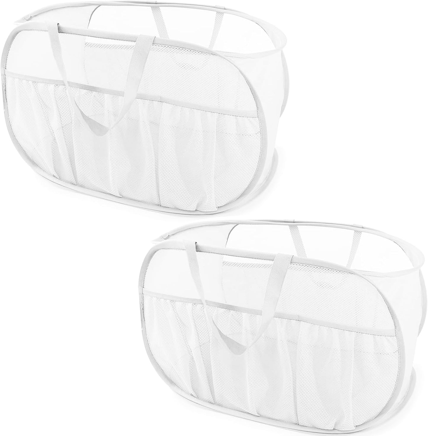 2 Pack Collapsible Laundry Baskets, Upgrade Pop Up Laundry Hamper with Convenient Bags, Foldable Laundry Basket Mesh Light Weight, Easy to Carry Clothes Hampers for Laundry, Dorm, Toys, Travel White