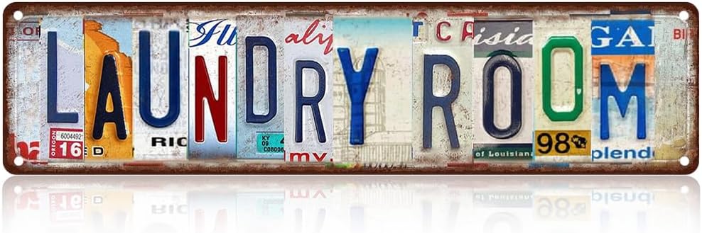 Vintage License Plate LAUNDRY ROOM Sign – 16x4 Inch Rustic Tin Wall Décor for Laundry Area, Utility Room, Farmhouse, Mudroom or Home Washroom