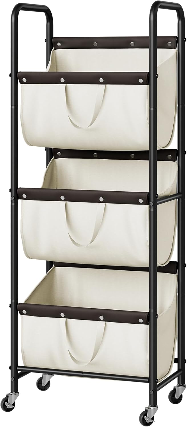 GRANNY SAYS 3 Section Tiered Laundry Sorter, Slim Vertical Laundry Hamper with Wheels, Narrow Rolling Laundry Cart with Removable Bags for Laundry Room, Bathroom, Closet, Dorm, Beige