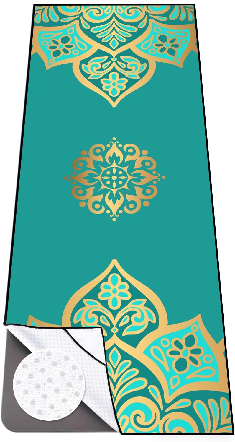 Hot Yoga Towel with Grip Dots, Non Slip, 70"x26, Turquoise Gold Mandala