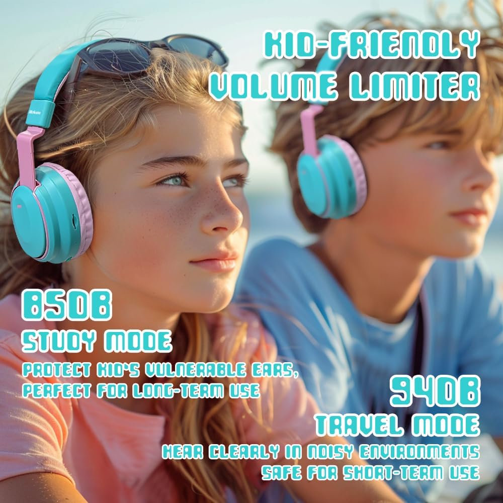 Mokata Kids Headphones Bluetooth 5.3 Wireless Lightweight Fast Charging 68 Hours Play Time Volume Limited 85/94dB Over Ear Foldable with Built-in Mic for Toddler Boy Girl Tablet Pad Cyan