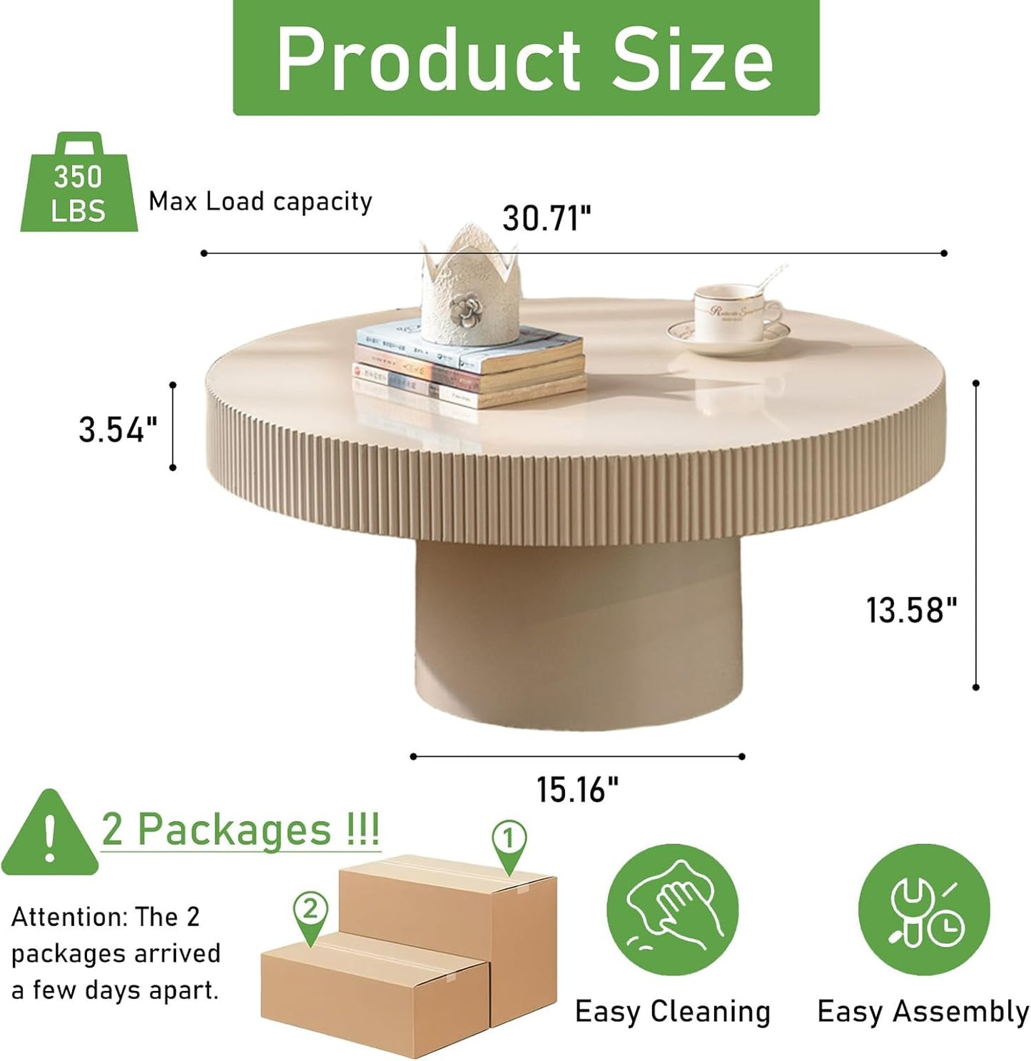 30.71'' Round Coffee Table (White Thin) | Modern Handcraft Drum Coffee Table, Unique Fluted, Wood Center Table, For Living Room, Small Space, Farmhouse, Apartment