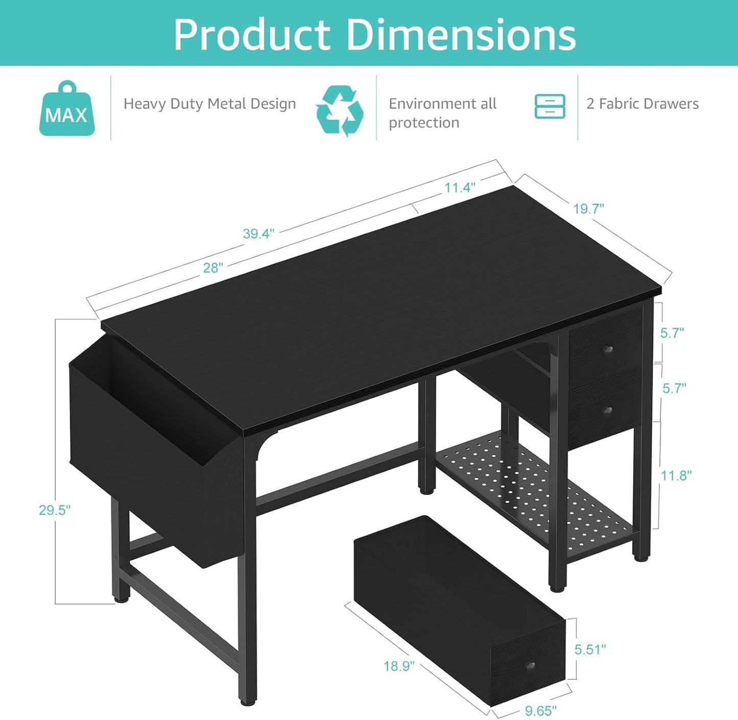Lufeiya Computer Desk with Fabric Drawers, 40 Inch Reversible Gaming Desk for Small Space Home Office, Modern Simple Study Writing Table PC Desks for Bedroom, Black