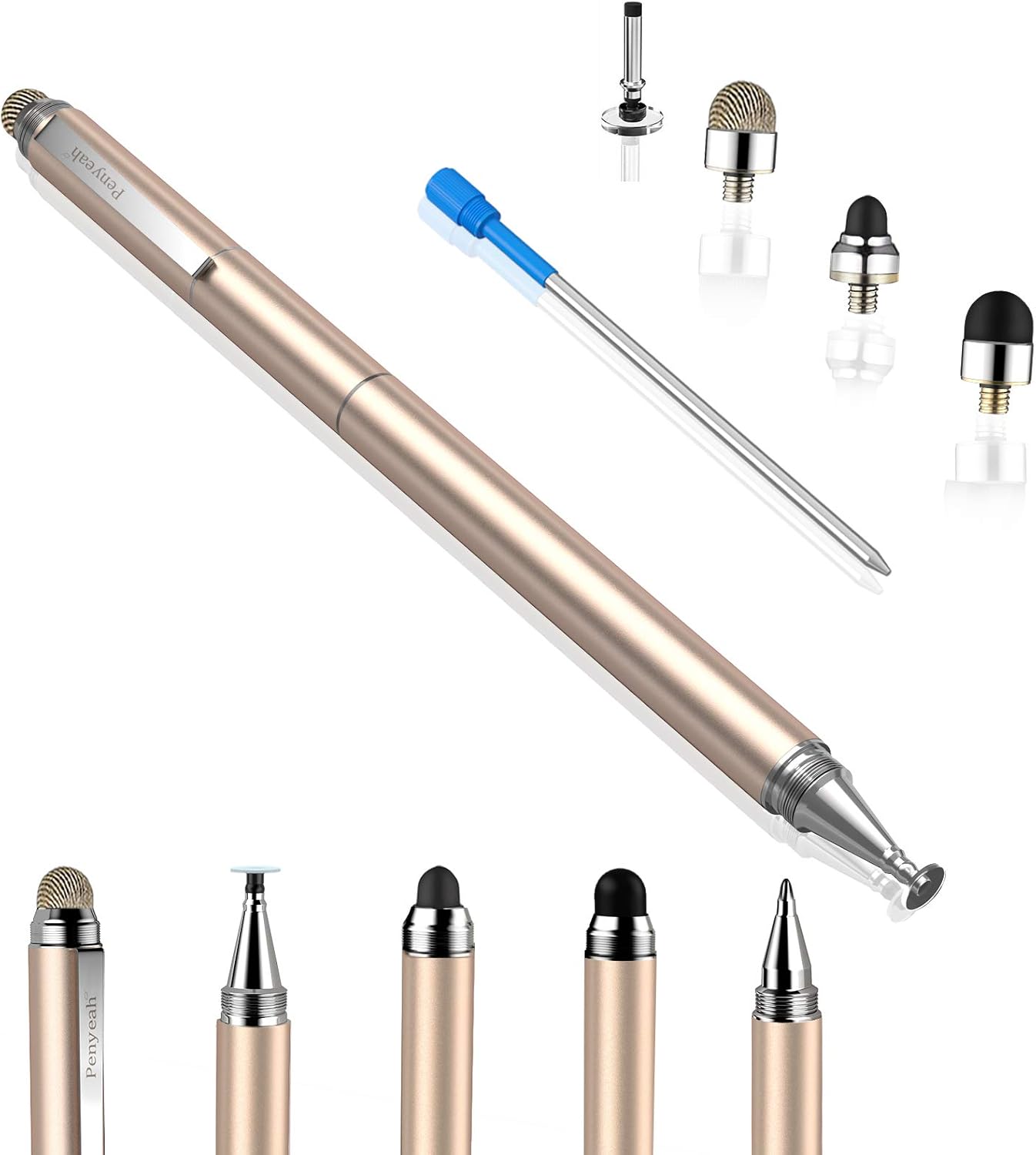 Penyeah 4-in-1 Stylus Pen for Touchscreens, Versatile Capacitive Stylus for iPhone 17/16/15 Pro Android Phones,Tablets -Disc+Rubbe+Mesh Tips Universal for All Touch Screen Devices - Pinky Gold