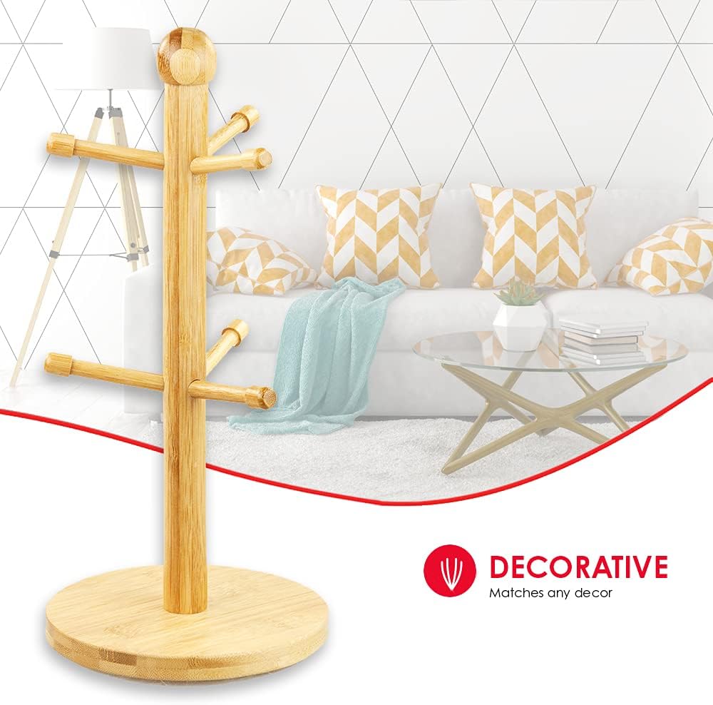 Home Basics Bamboo Mug Tree, Holds Up to 6 Coffee Cups, Free Standing, Circular Base, Kitchen Countertop, Beige (1)