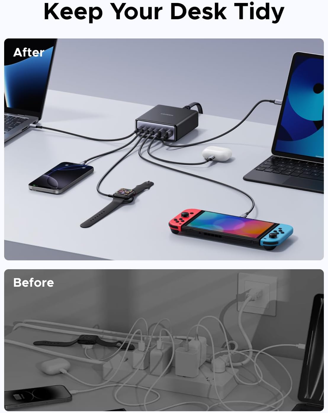 UGREEN 100W USB C Charging Station, 6-Port GaN Desktop Charger with 4 USB-C & 2 USB-A, Smart Power Distribution for MacBook Pro/Air, Dell XPS, iPad, iPhone 17/16/15, Galaxy S25/S24, Pixel 10/9