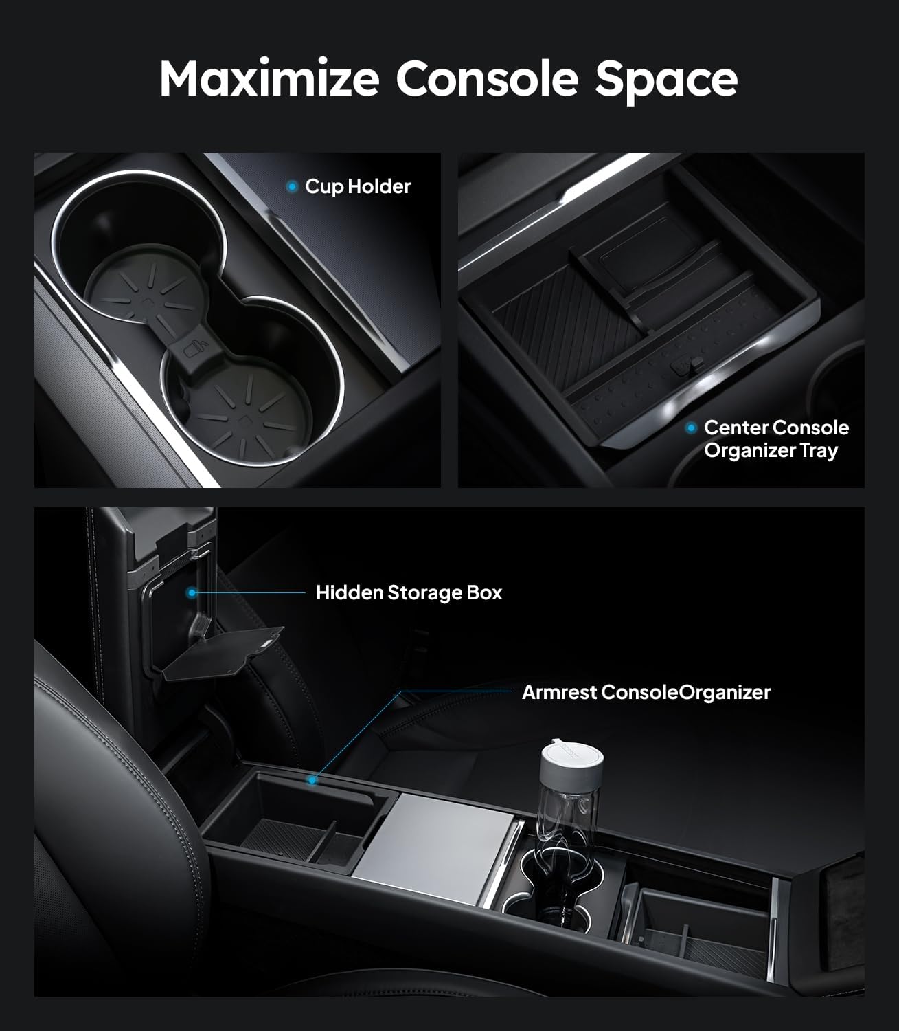 Wigoo Center Console Organizer for Tesla Model Y Juniper (Only Premium & Performance 2025 2026) and All Model 3 Highland Accessories [Double-Layer Storage, Smooth Sliding] 4PCS Black