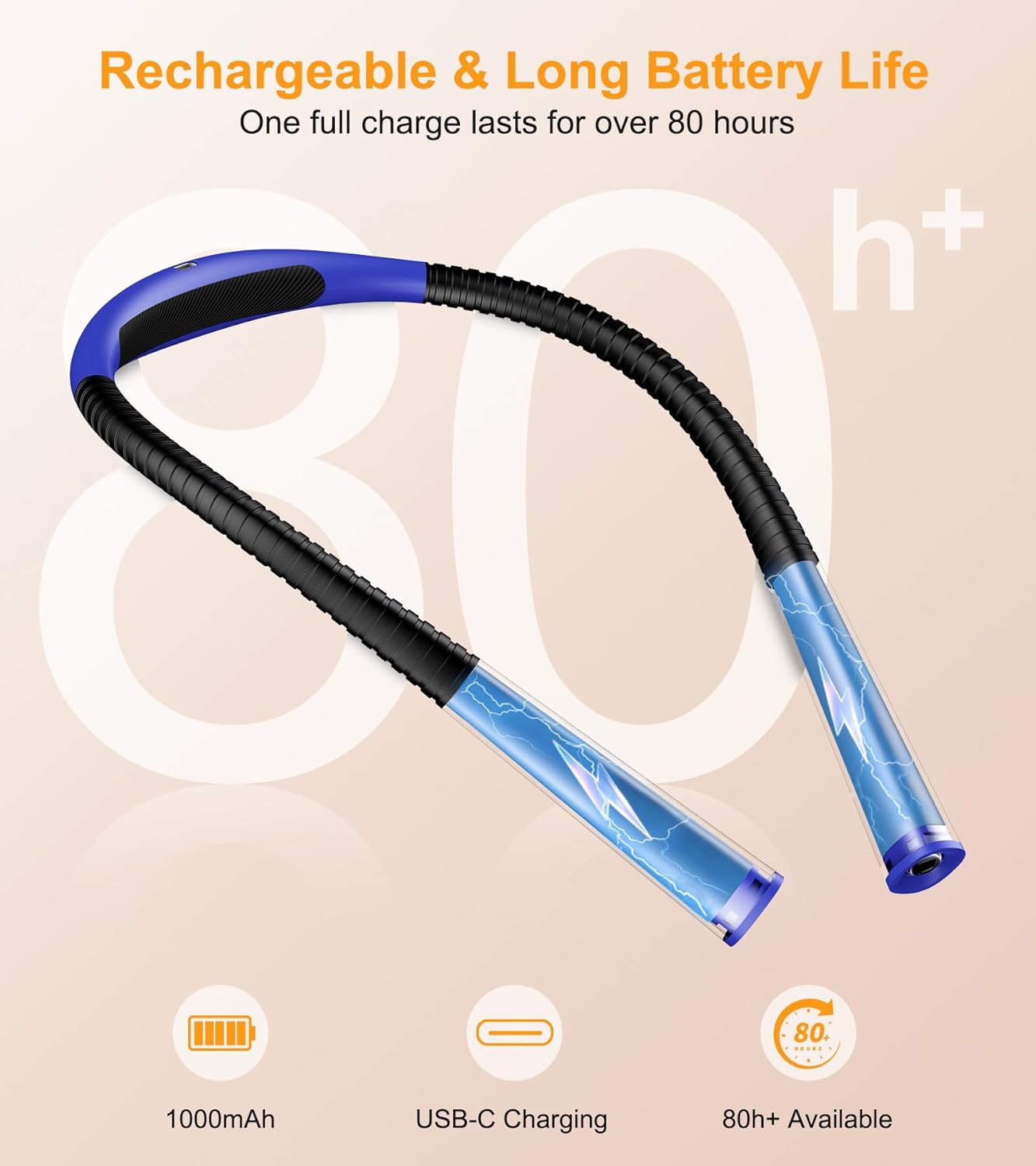 Gritin Book Light, Eye Caring 4-Color & 5-Brightness Neck Light Reading Light- Stepless Dimming,30-min Timer,80+ Hrs Runtime,Bendable Round Neck Design, Lightweight for Reading-Dark Blue
