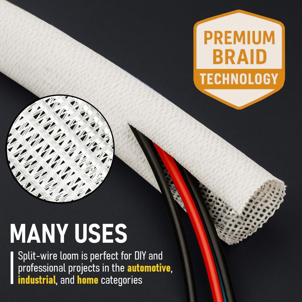MGI SpeedWare Braided Split-Sleeve White Wire Loom for High-Temperature Automotive Harness and Home Cable Management 25 feet (1/4")