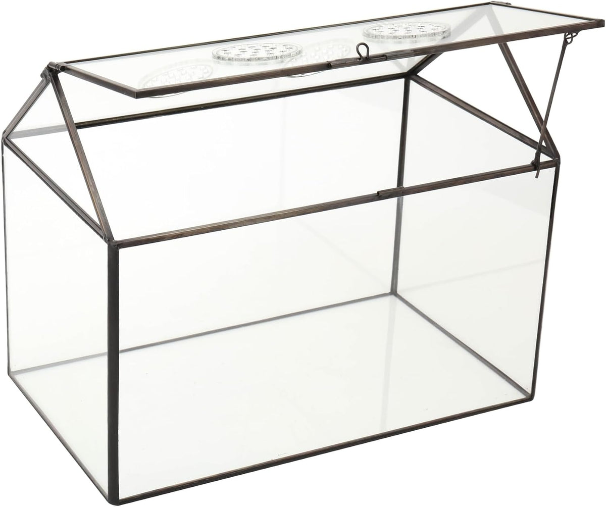 NCYP Glass Terrarium with Lid and Air Holes for Snails - 10.2" x 5.9" x 8.2" House Shape Geometric Clear Terrarium, Indoor Tabletop Decor Black (Plants Not Included)