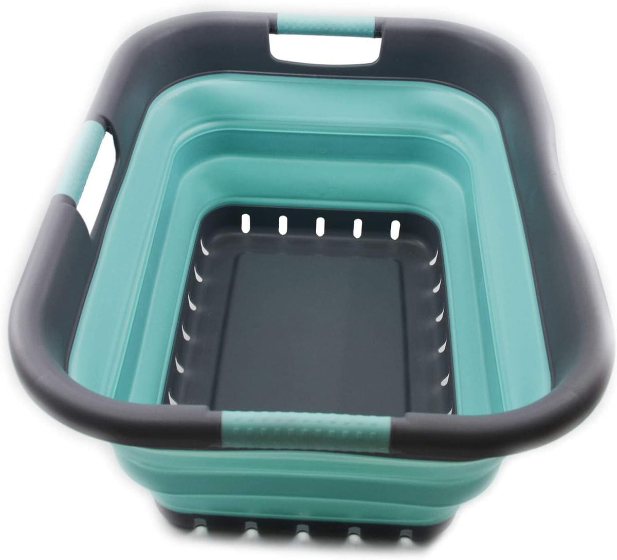 SAMMART 41L (10.8 Gallon) Collapsible Plastic Laundry Basket-Foldable Pop Up Storage Container/Organizer- Portable-Space Saving Hamper/Basket (3 handled rectangular, Medium Grey/Lake Green)