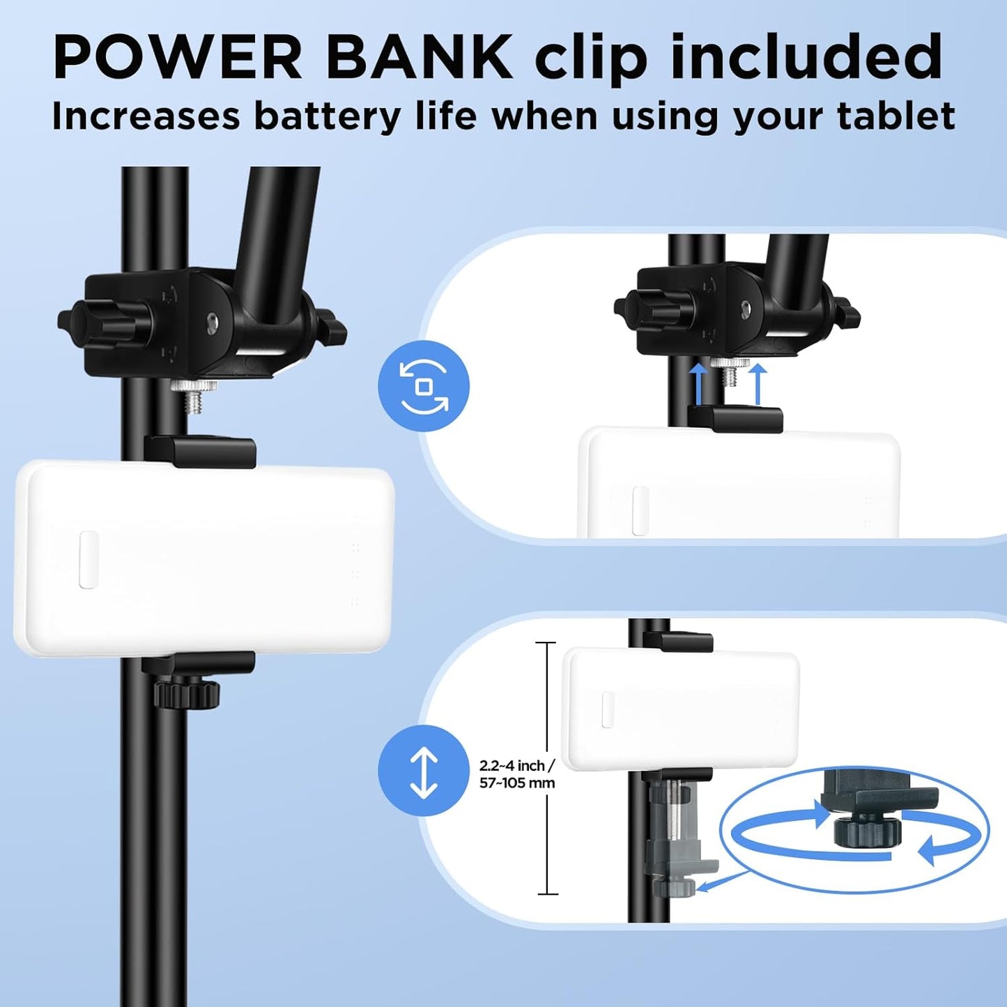 Tablet Holder for Mic Stand with Power Bank Clip - Adjustable iPad/iPhone Mount for Music Stand, Compatible with Screen Devices from 4.7-13.5" Smartphones, Android - Outdoor Streaming & Recording