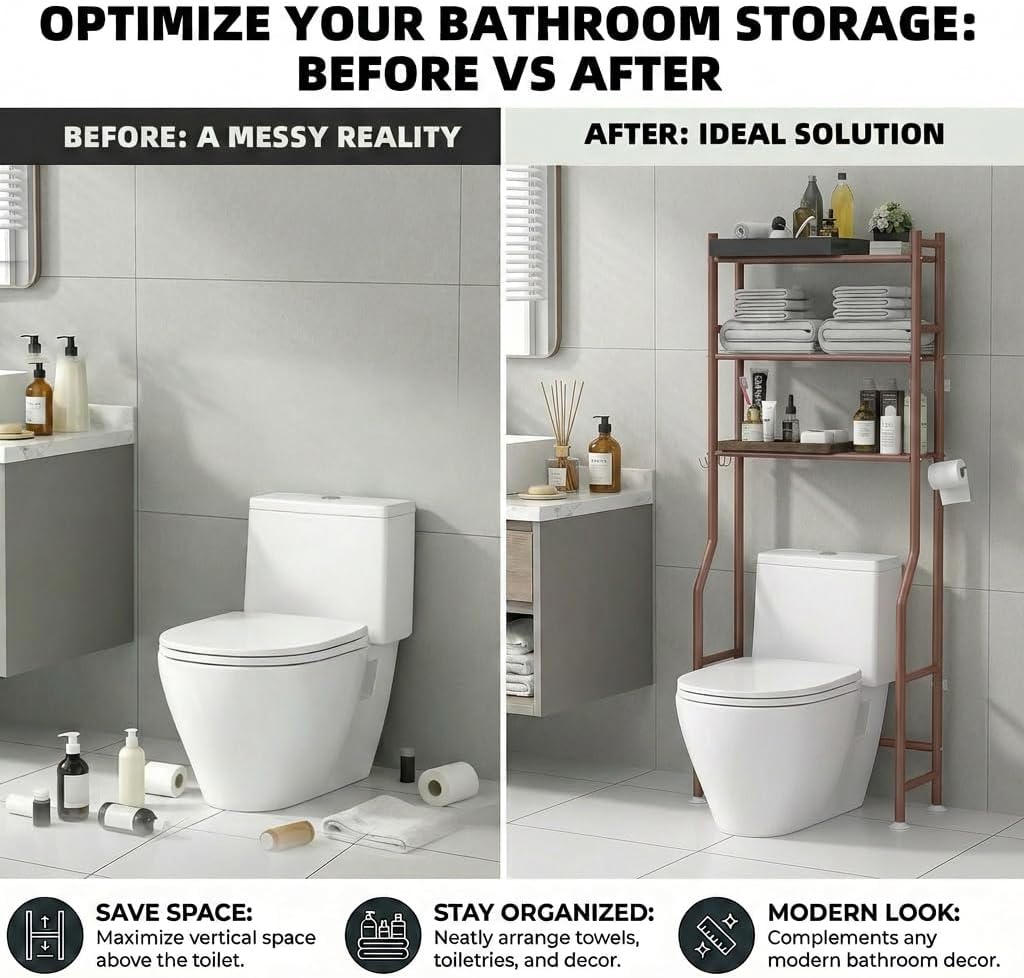 GloTika 3-Tier Over Toilet Storage with Anti-Tilt Safety System - 150lb Total Capacity Metal Bathroom Shelves Including Paper Holder & 4 Hooks, Space Saving Above Commode Organizer (64" H, Bronze)