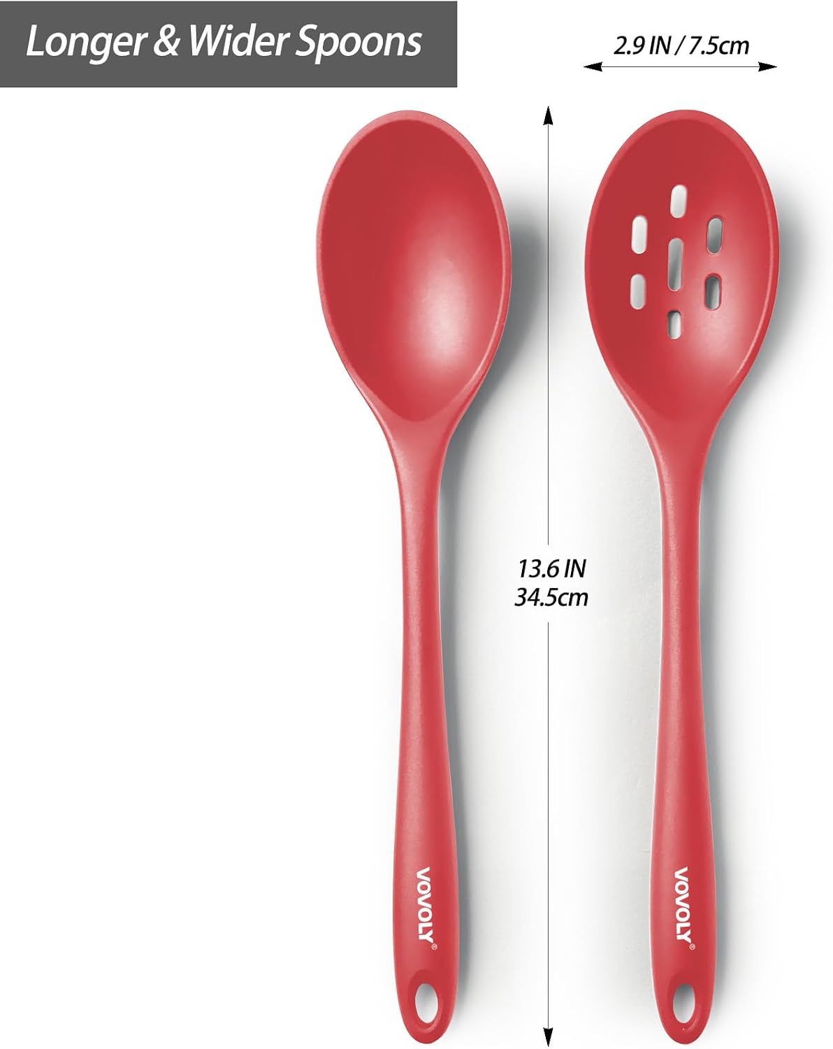Vovoly Silicone Spoons for Cooking - Extra Large Solid & Slotted Set, Red