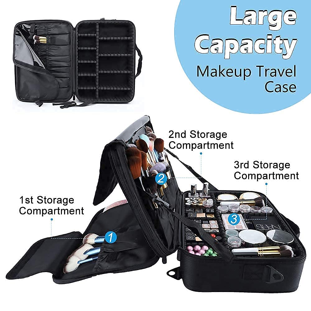 gzcz Travel Makeup Bag,Professional Cosmetic Bags for Women,Portable Makeup Brush Case Organizer Storage with Adjustable Dividers and Shoulder Strap (Medium)
