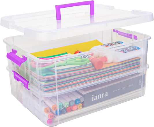 TERGOO 2 Layer Plastic Storage Containers with Lids, Multipurpose Clear Stack & Carry Box, Portable Craft Organizers and Storage Bin for Organizing Art & Craft, Sewing, Makeup, Nail Supplies (Purple)