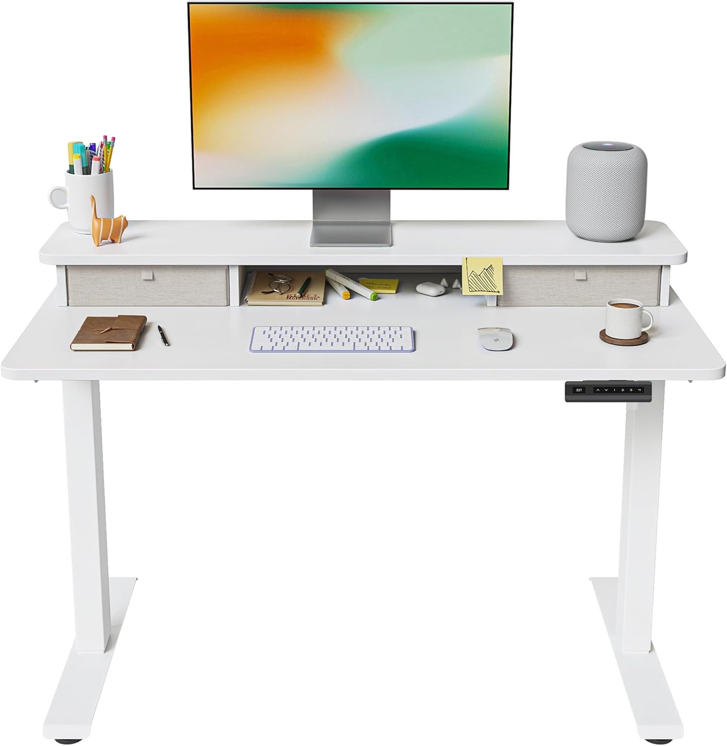 FEZIBO 48 x 24 Inch Whole-Piece Height Adjustable Standing Desk with Double Drawers, Sit Stand Desk, Stand Up Table (Send Two Packages), Light Rustic Top