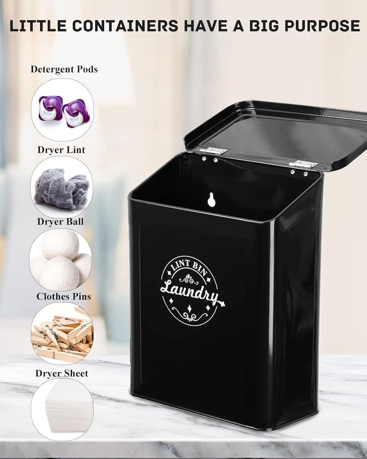 SACREDAY Magnetic Lint Bin for Laundry Room Organization and Storage with Brush, Wall-Mounted Laundry Dryer Lint Bin for Laundry Room Decor, Space-Saving Laundry Trash Can (Black)