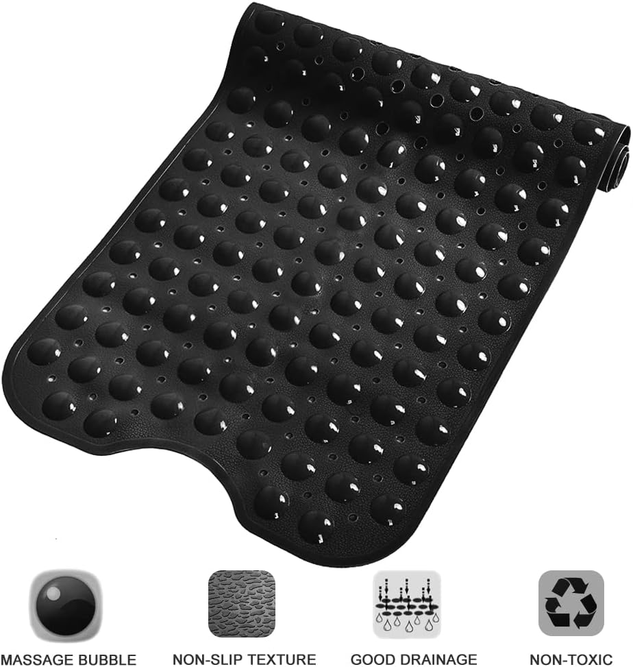Bathtub and Shower Mats, Extra Long Non-Slip Bath Mat 39 x 16 Inch, Machine Washable Bath Tub Mat with Suction Cups & Drain Holes for Bathroom, Black