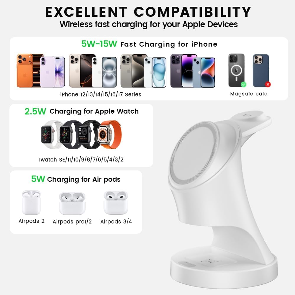 3 in 1 Wireless Charging Station for Apple Devices,Magsafe Charger for IPhone17 16 15 14 13 12 Pro/Max/Plus/Mini Wireless Charger Station for AirPods 2/3/4Pro iWatch Ultra11/10/9/8/7/SE/6/5/4/3/2