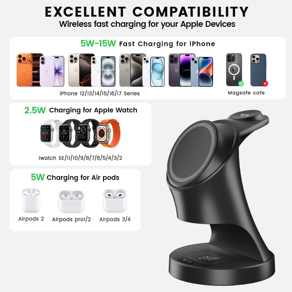 3 in 1 Wireless Charging Station for Apple Devices,Magsafe Charger for IPhone17 16 15 14 13 12 Pro/Max/Plus/Mini Wireless Charger Station for AirPods 2/3/4/Pro iWatch Ultra11/10/9/8/7/SE/6/5/4/3/2