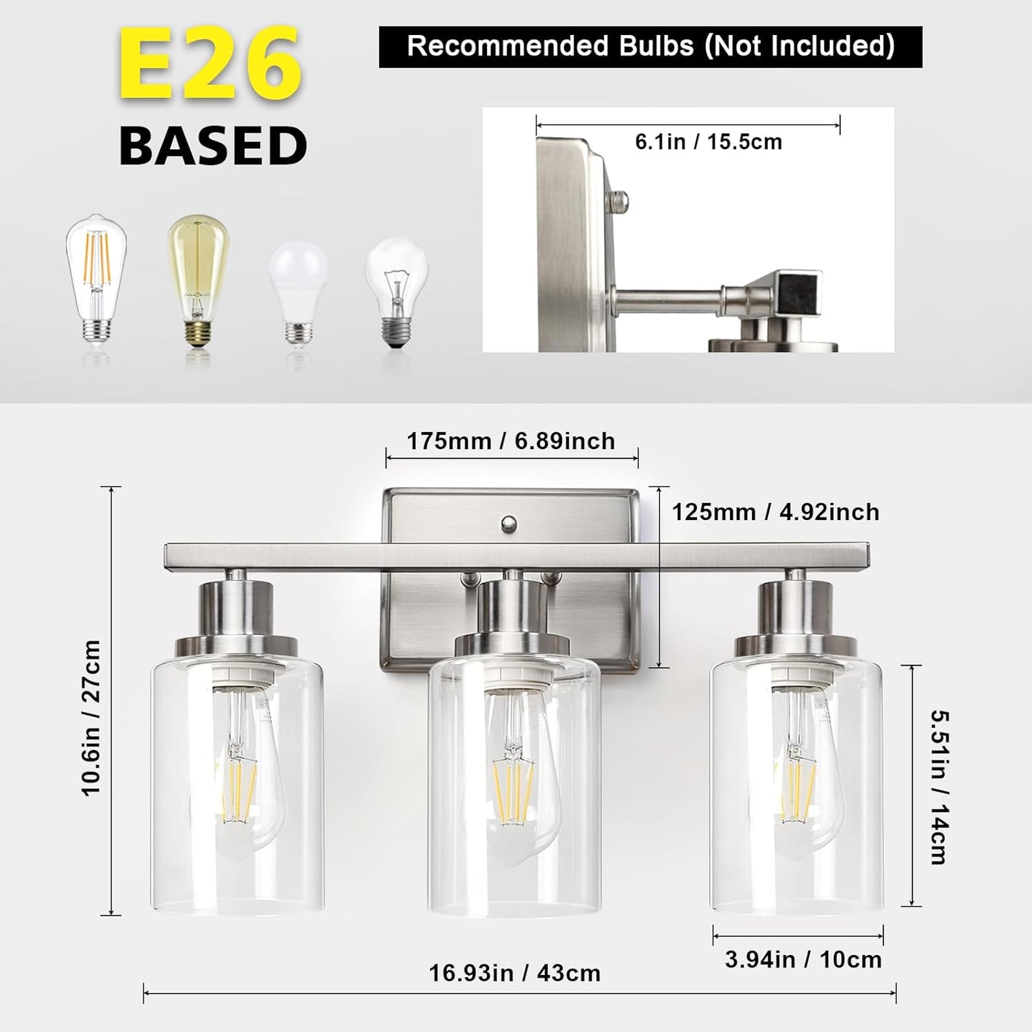 Ascher Bathroom Vanity Light Fixtures, 3 Light Wall Sconces Lighting with Clear Glass Shade, Brushed Nickel Wall Lights for Mirror, Kitchen, Living Room, Gallery, E26 Base (Bulbs Not Included)