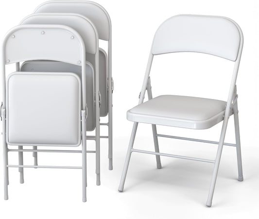 Our Modern Space 4 Pack Leather Chair | Foldable & Stackable | 350 lbs Capacity Steel Frame Seats for Indoor or Outdoor | Commercial Use Events Wedding Party Events Bulk Picnic Kitchen Dining - White