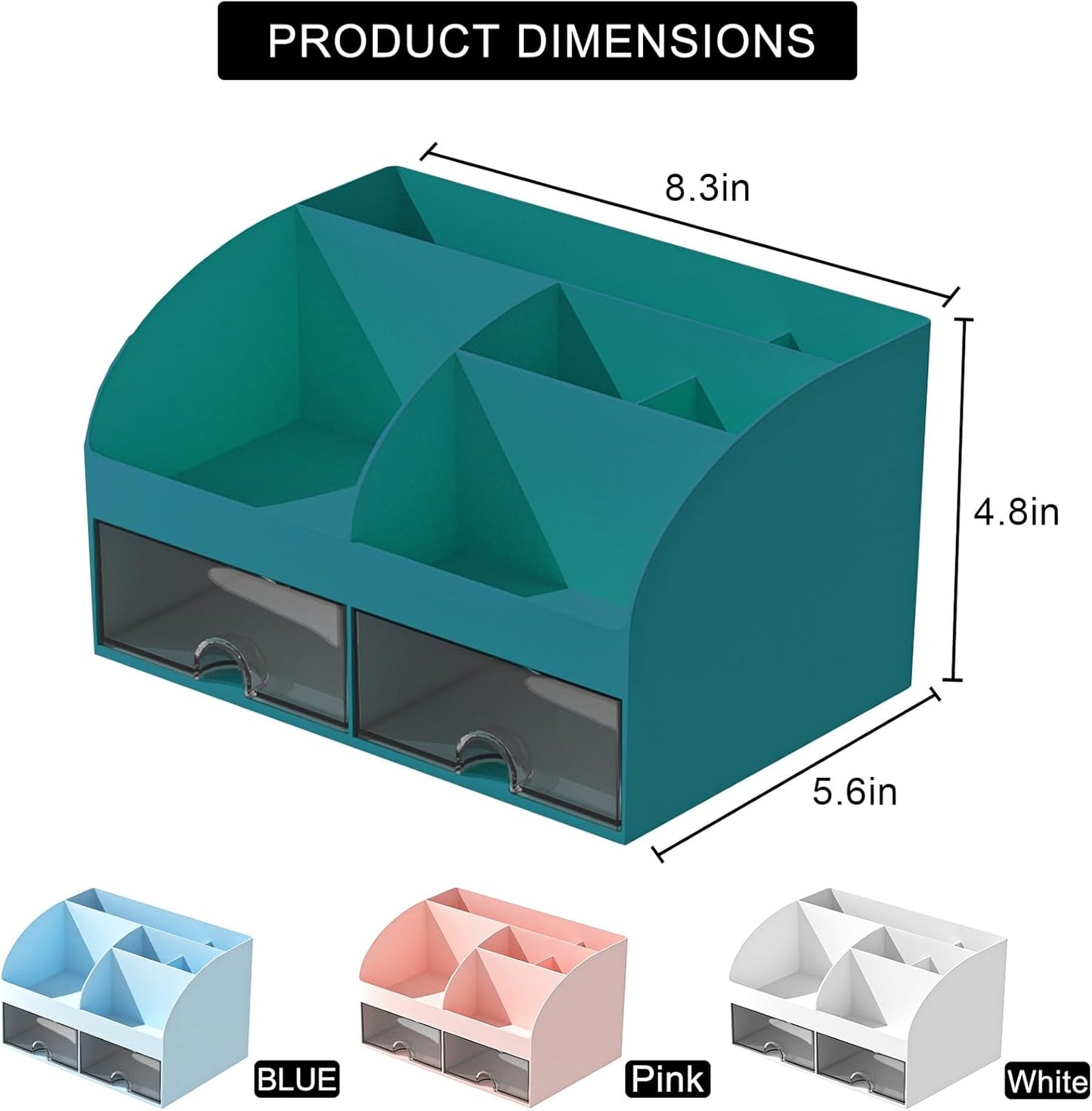 COMFYROOM Desk Organizer with 6 Compartments and 2 Drawers, Plastic Makeup Organizer, Pen Holder for Desktop Storage, Desk Organization for School, Home, Office Supplies (Dark Green)