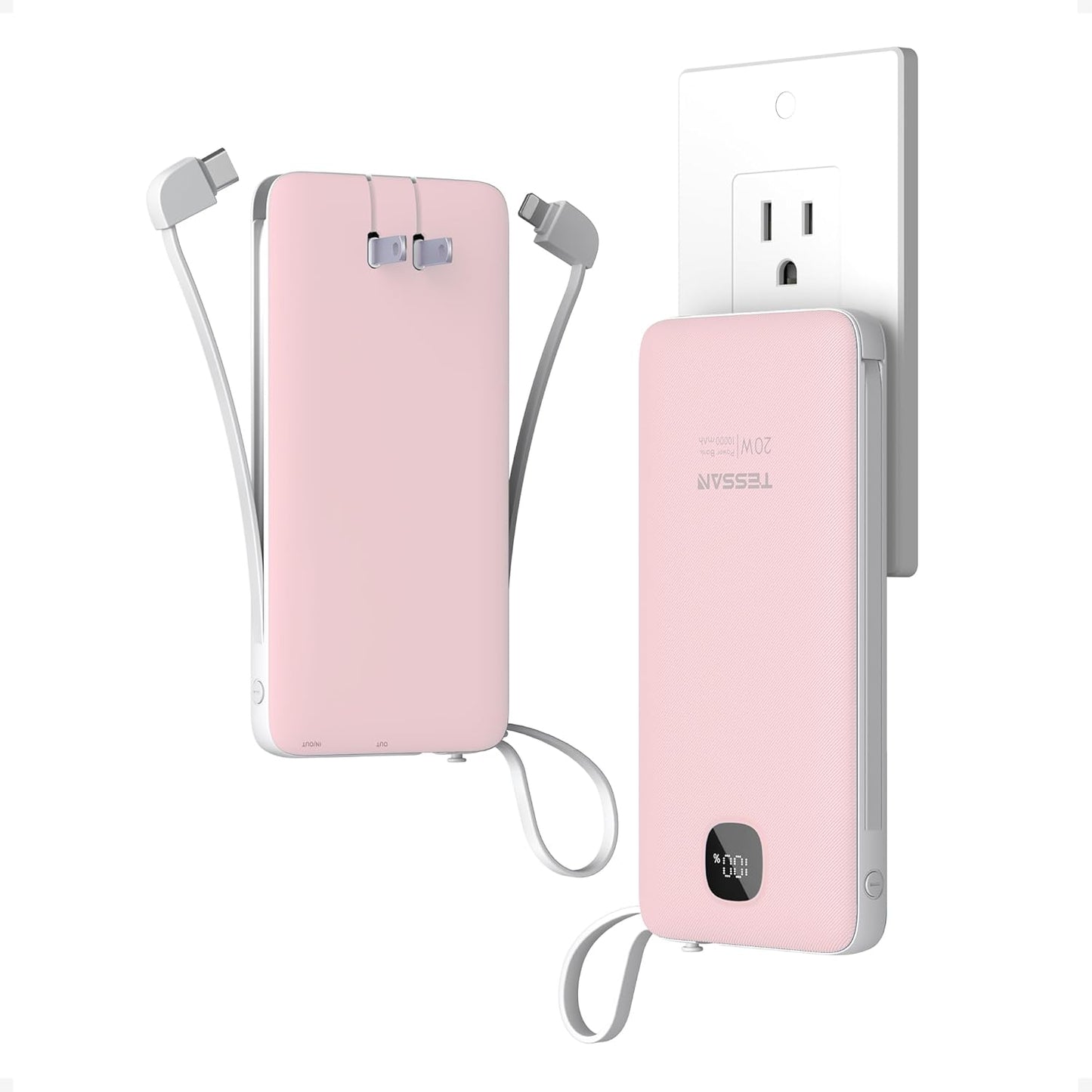 Portable Charger with Built in Cables,TESSAN 10000mAh Power Bank Fast Charging with Foldable Wall Plug Charger, PD20W Compact Battery Pack Travel Essentials for iPhone 17/16/15 Series,Samsung,Tablets