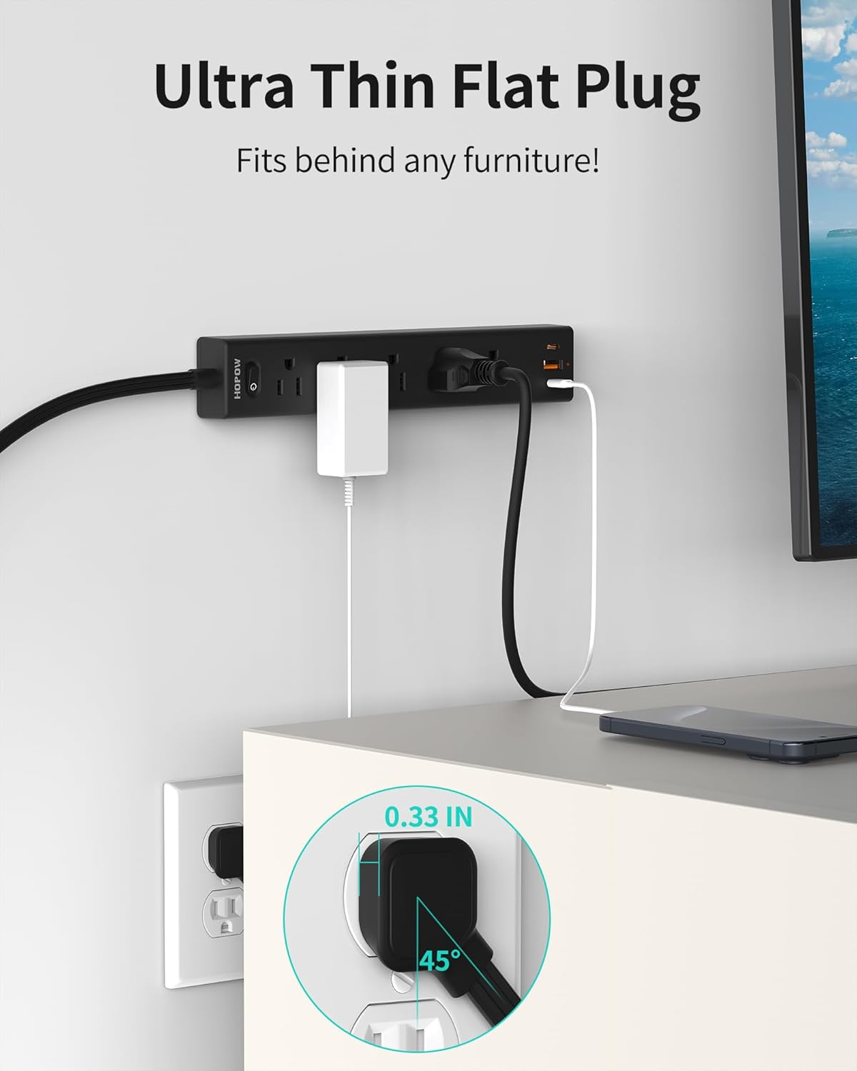 HOPOW Flat Plug Power Strip, 6 Ft Ultra Thin Extension Cord, Surge Protector with 5 Outlets & 3 USB Ports (2 USB C), 1700 Joules, Wall Mount, Desktop Charging Station for Home Office Dorm, Black