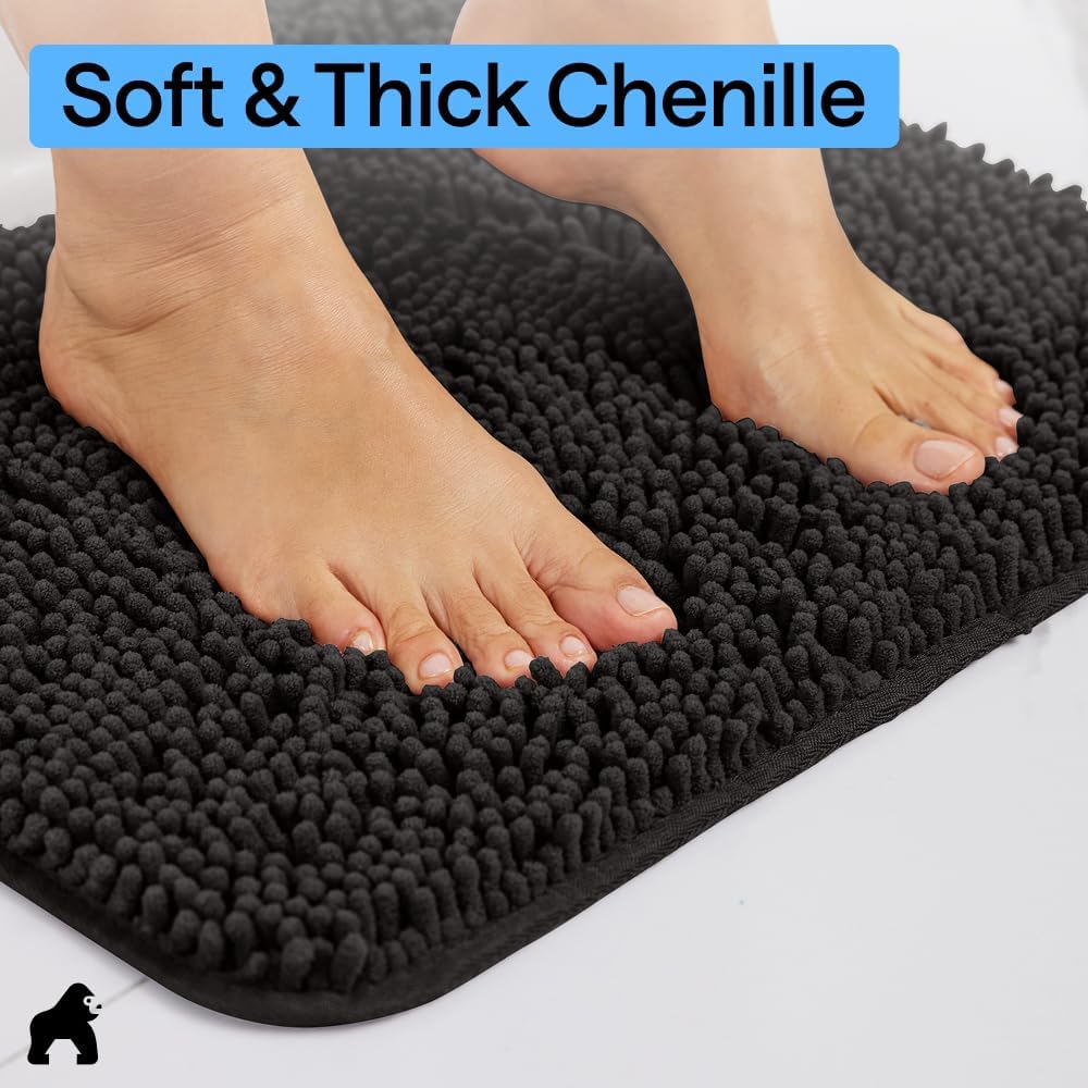 GORILLA GRIP Bath Rug Mat, Thick Soft Absorbent Chenille, Quick Dry Microfiber Mats, Rubber Backing Washable Shower Floor Rugs, US Designed Bathroom Bathmat Home Decor Accessories, 24x17, Black