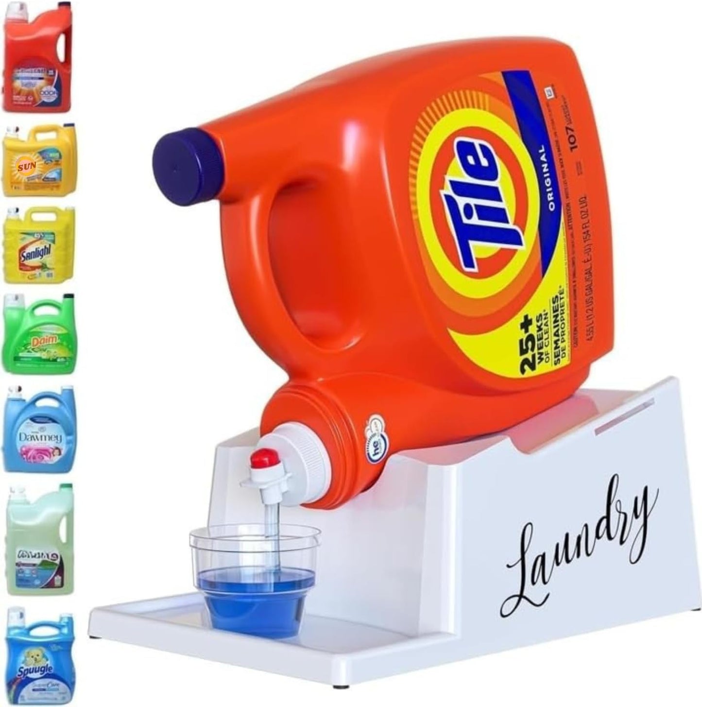 TidyFriend Liquid Laundry Detergent Holder Stand with Drip Tray & Rubber-Grip Feet, Stand for Laundry Room Organization and Storage, Fabric Softener Dispenser with Cup Holder (Black with Print)