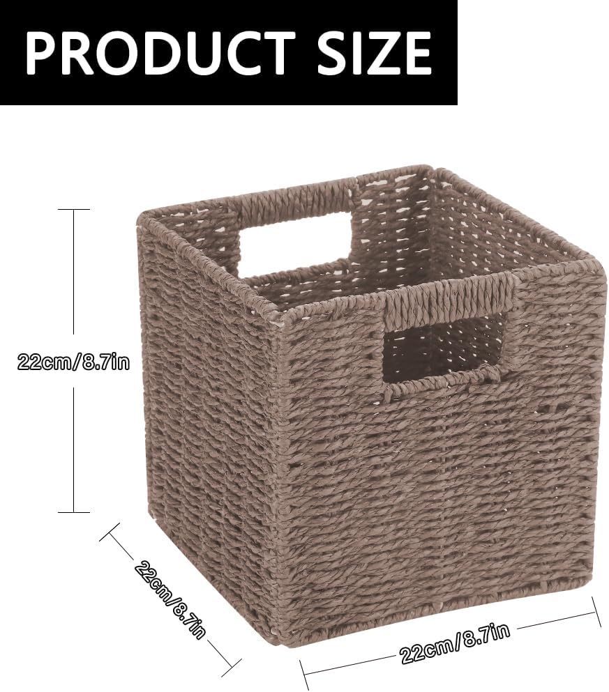 6 Pack 8.7 Inch Wicker Baskets | Hand Paper Rope, Storage Baskets,Foldable Cube Storage Bins Organizer Square Wicker Cubes for Shelves(Brown)