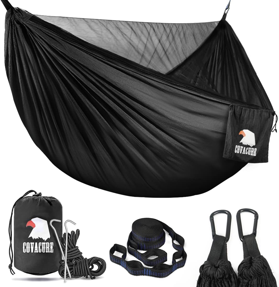 Covacure Camping Hammock - Lightweight Double Hammock, Hold Up to 772lbs, Portable Hammocks for Indoor, Outdoor, Hiking, Camping, Backpacking, Travel, Backyard, Beach (Black)