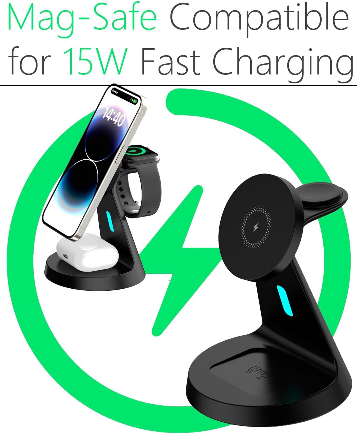 Wireless Charger,3 in 1 Charging Station,15W Phone Charger Stand | Compatible with Mag-Safe Charger for iPhone 17/16/15/14/13/12 Series, Apple Watch, AirPods (Adapter Included)