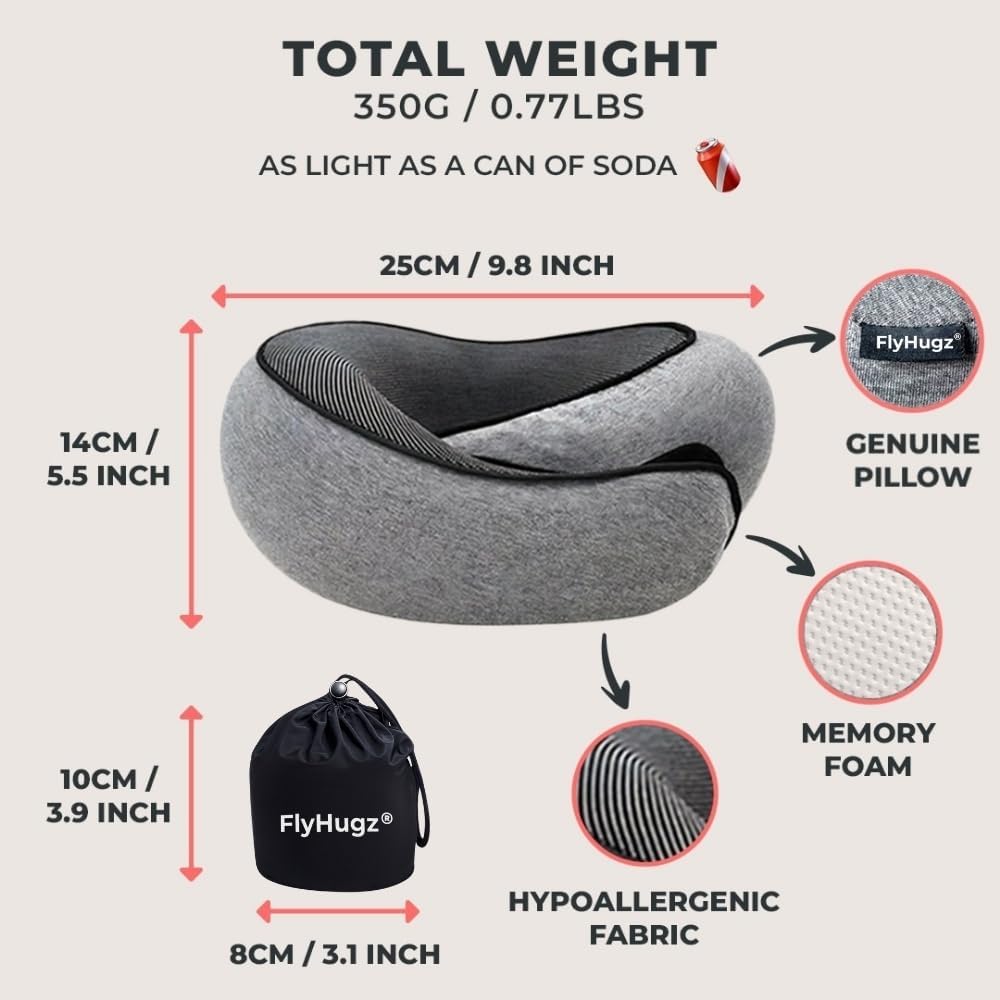 FlyHugz® Neck Travel Pillow Memory Foam Neck Pillow for Comfort on Airplane Compact and Ergonomic Design for Travel, Car Rides, and Home Use Ideal for Adults and Kids.