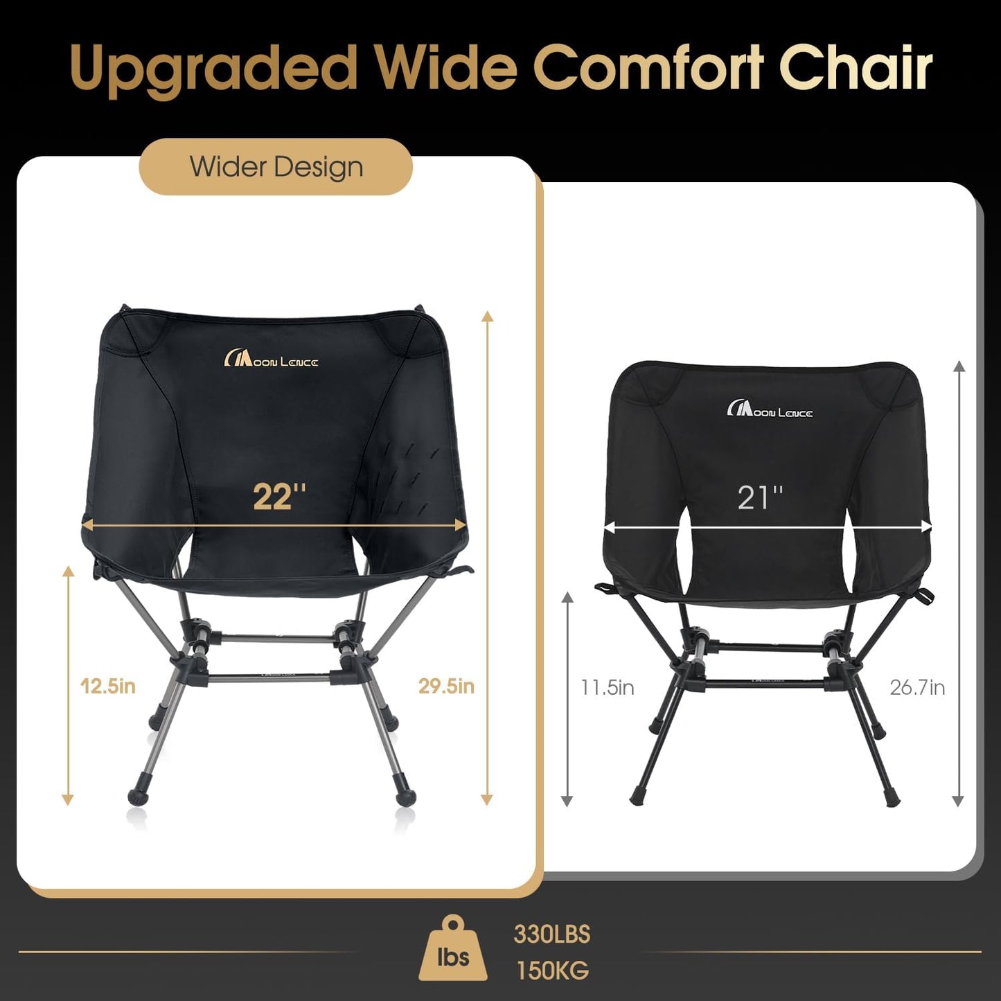 MOON LENCE Portable Camping Chair Plus, Larger & Roomier, Compact and Lightweight Still, Folding Chair for Backpacking & Hiking, 330Lbs Capacity (Black-2pack)