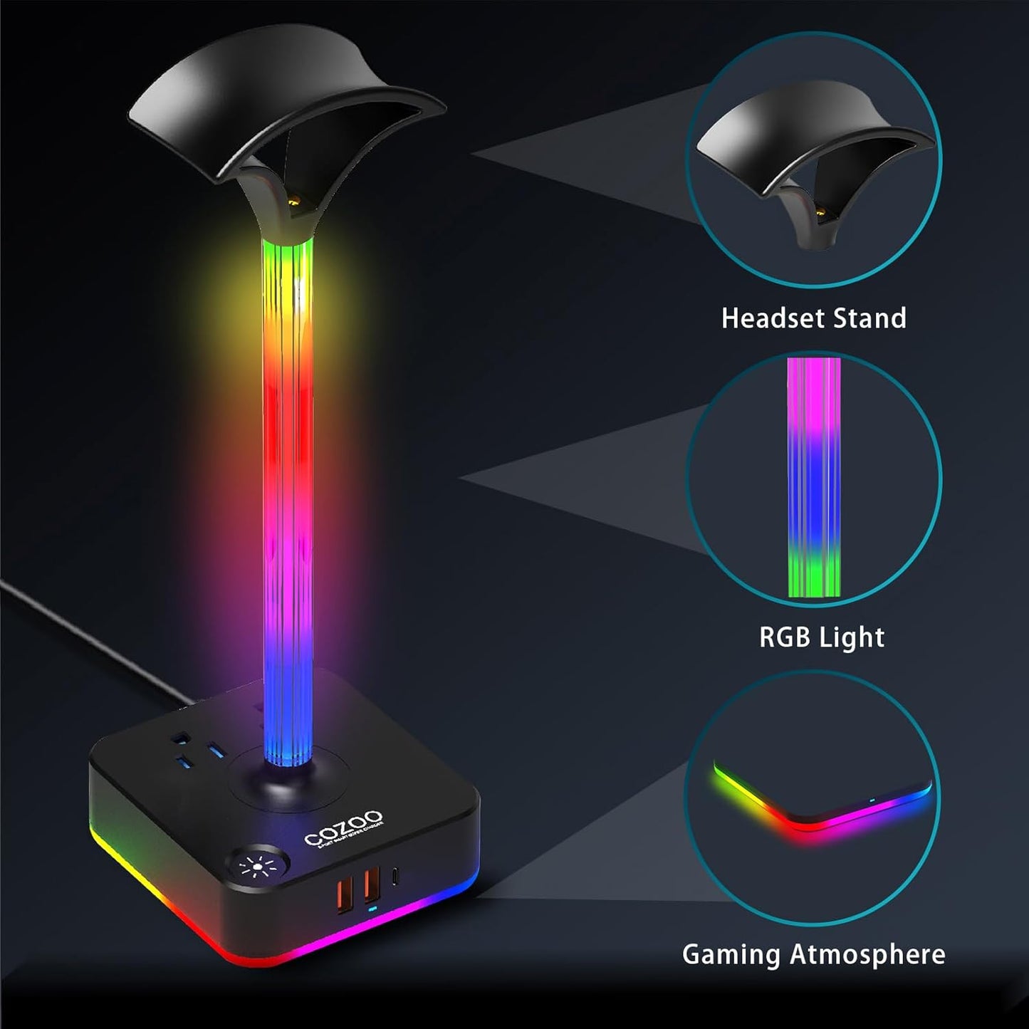 cozoo RGB Headphone Stand with Charger 3 USB Ports and 2 AC Outlets,2 USB-A 1 Type C,Desk Gaming Headset Holder with 9 Light Modes,PC Gaming Desk Accessories,Gamer Gifts,RGB Gaming Stuff Headset Stand