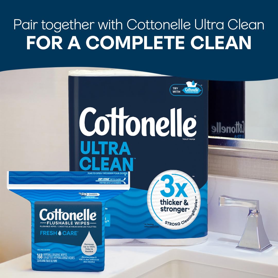 Cottonelle Fresh Care Flushable Wet Wipes, Adult Wet Wipes, 2 Refill Packs, 168 Wipes Per Pack (336 Total), Packaging May Vary