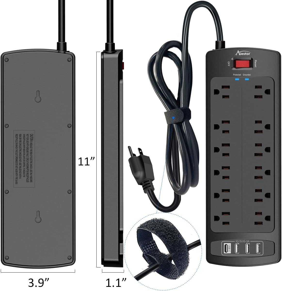 Power Strip, ALESTOR Surge Protector with 12 Outlets and 4 USB Ports, 6 Feet Extension Cord, 2700 Joules, ETL Listed, Black