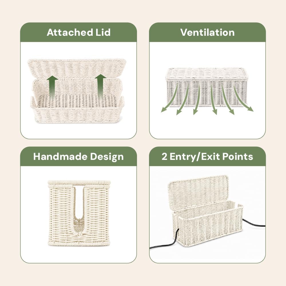 Cable Management Box, Handmade Rattan Cord Organizer for Power Strip | Open Slots Cord Hider for Power Strip, Router & USB Hub, Registered U.S. Design Patent