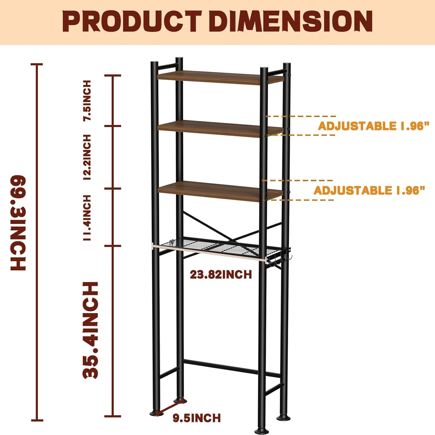 GloTika 4-Tier Over Toilet Storage with Anti-Tilt Safety System - 150lb Total Capacity Metal Bathroom Shelves Including Paper Holder & 4 Hooks, Space Saving Above Commode Organizer (69.3" H, Brown)
